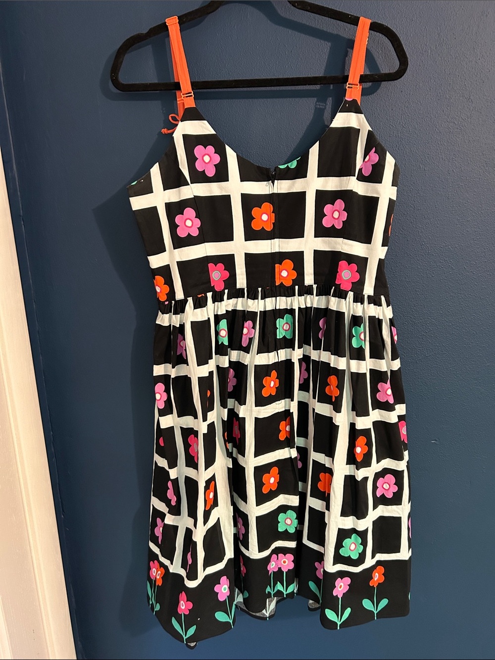 Hell Bunny Black Grid Sundress with Orange Straps and Multicolor Flowers - Picture 4 of 7